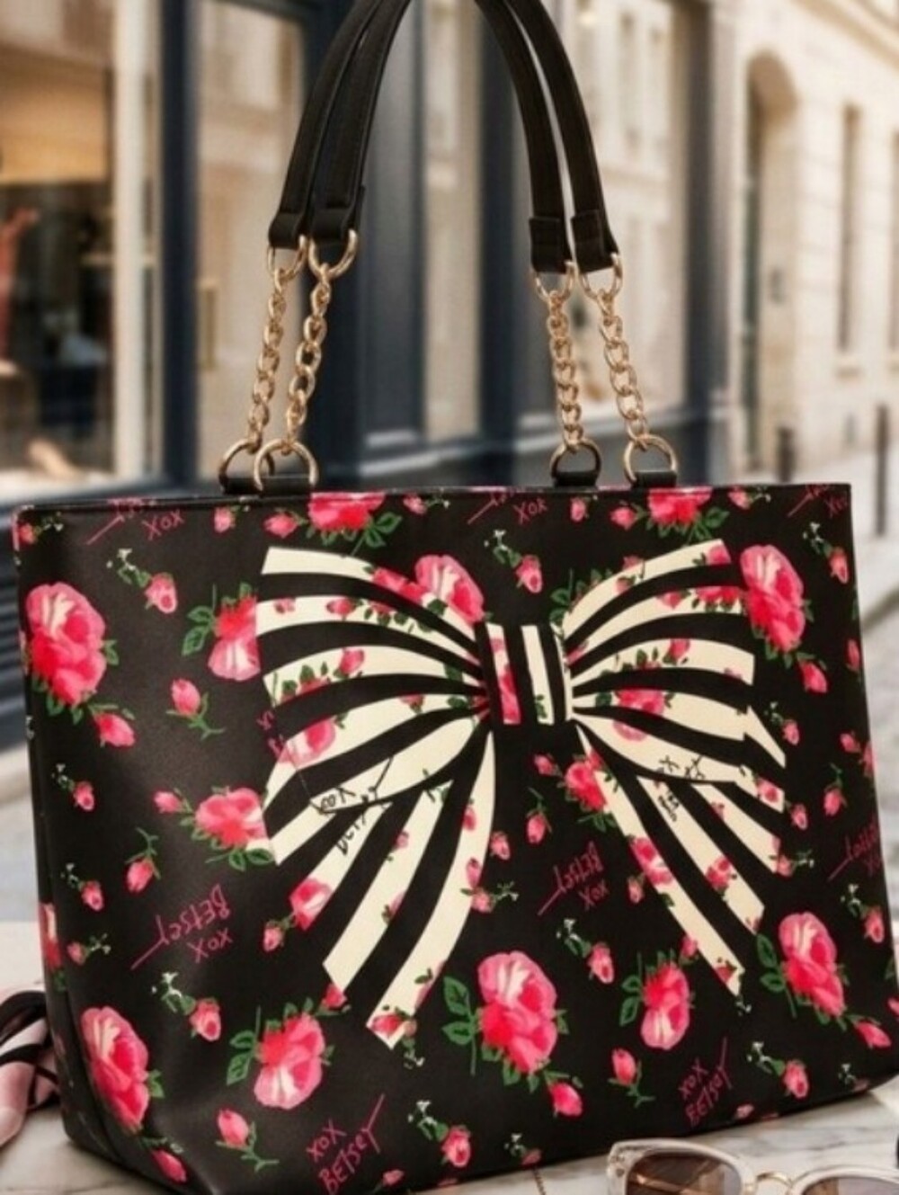 Betsey Johnson Black Floral Bow Tote Bag Vivid PINK Flowers